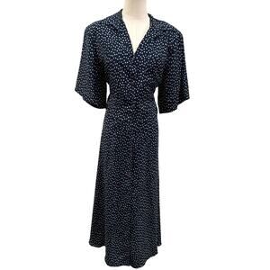 Axiom Vintage Navy Blue Polka Dot Midi Dress 10 Flutter Sleeve 80s Retro Cottage